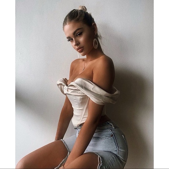 House of CB Tops - House of CB Silva Ivory Satin Draped Shoulder Corset Top